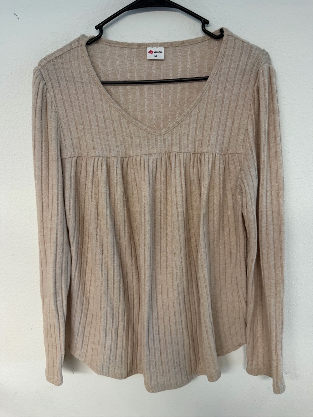 Ribbed V-Neck Long Sleeve Top in Light Tan - Women